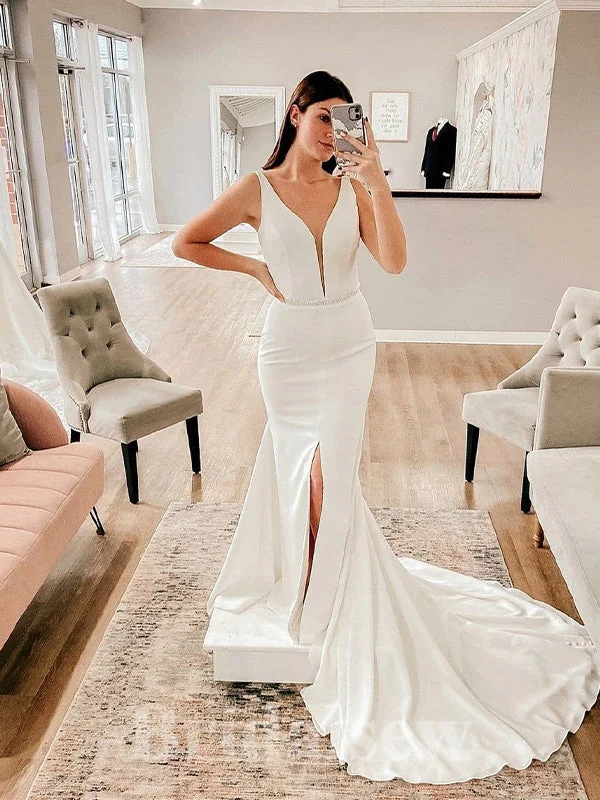 Formal satin wedding dress with a long trainSimple Satin V-Neck Mermaid Classic Slit Beach Vintage Long Wedding Dresses WD393