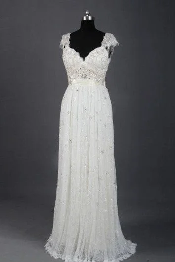 Antique - inspired lace wedding dress with long sleevesSleeveless Cap Draping Beading Dress