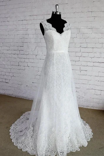 Off - the - shoulder ball gown wedding dressSleeveless V-Neck A-Line Lace Dress With Low-V Back