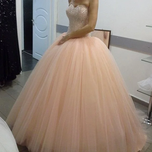 Garden - wedding - appropriate flowy wedding dressSparkly Crystal Beaded Sweetheart Peach Tulle Wedding Dresses Ball Gowns prom dress    cg9796