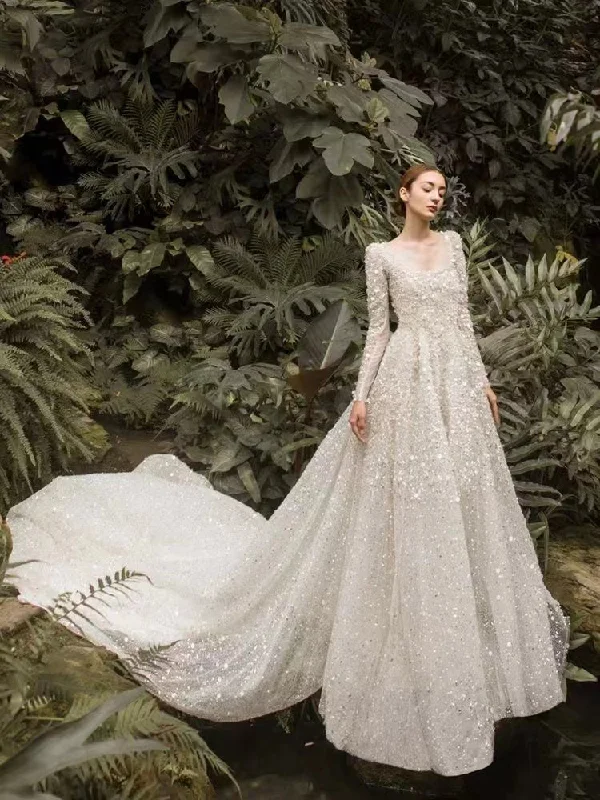 Modest - style wedding dress for a conservative brideSquare Neckline Sequins Bridal Gowns, Shiny Beaded Long Wedding Dresses, 2022 Popular Wedding Dresses Modest - style wedding dress for a conservative brideSquare Neckline Sequins Bridal Gowns, Shiny Beaded Long Wedding Dresses, 2022 Popular Wedding Dresses