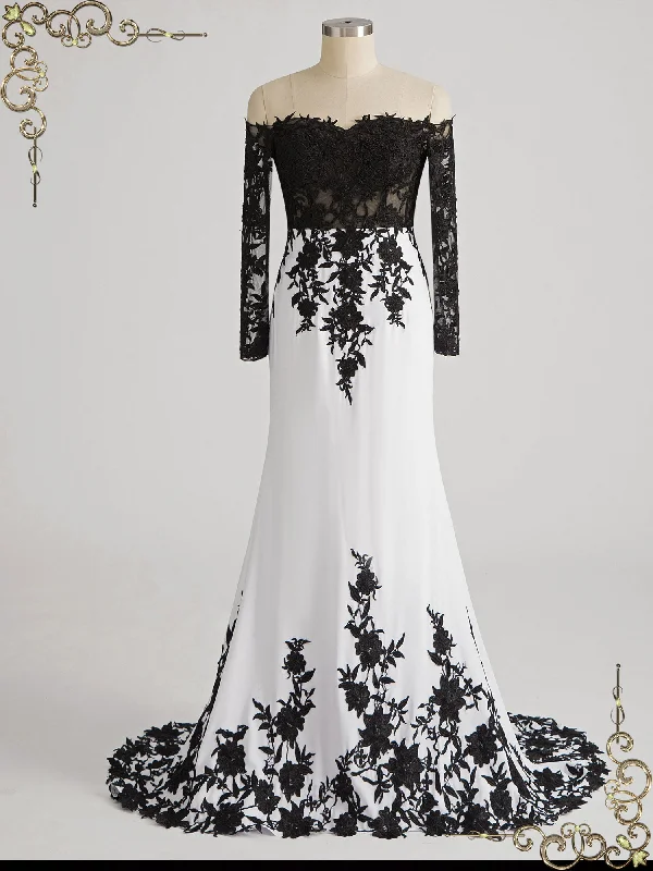 Maxi - length wedding dress for a grand lookStrapless Off the Shoulder Black Lace Wedding Dress TWYLA