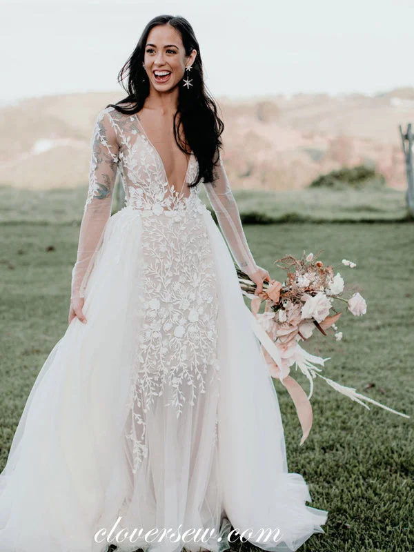 Polka - dot wedding dress for a fun touchStunning 3D Lace Long Sleeves Mermaid Dechable Train Wedding Dresses, CW0258