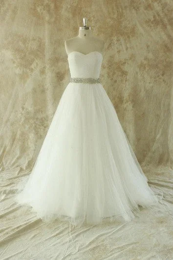 Indian - style wedding dress with intricate embroiderySweetheart A-Line Strapless Tulle Gown With Beading Sash