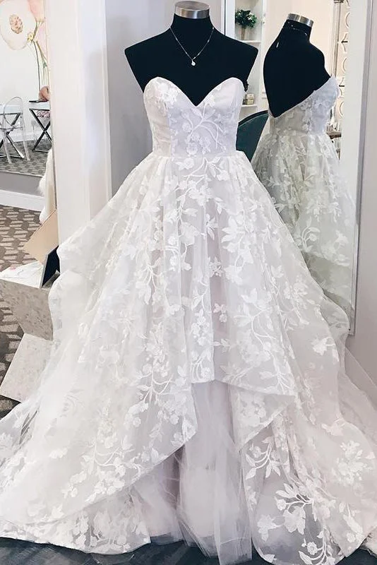 Lace - over - satin wedding dress for a classic combinationLong Ruffles A-line Sweetheart White Wedding Dress with Appliques