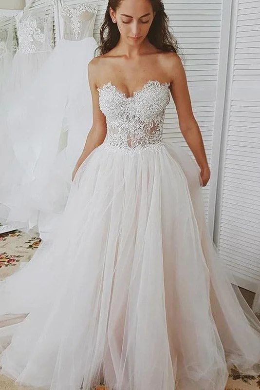 Gemstone - embellished wedding dressPrincess Long Sweetheart A-line Ivory Wedding Dress with Lace