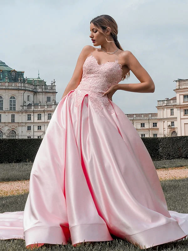 Bridal couture wedding dress by famous designerSweetheart Pink Color Wedding Dresses, A-line Satin Lace Bridal Gowns, Newest Long Prom Dresses