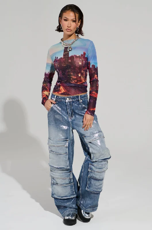 Floral print wide leg dress pants for women in a fresh and formal styleTO THE MOON DENIM PANT Floral print wide leg dress pants for women in a fresh and formal styleTO THE MOON DENIM PANT