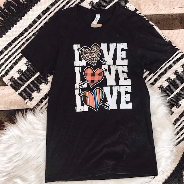Printed women's T - shirt with a watercolor - inspired patternTriple Love Valentines Tee