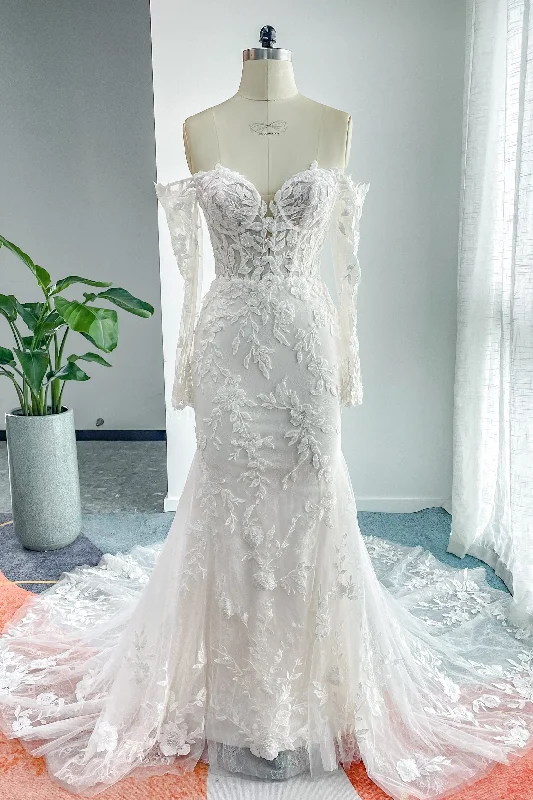 Indian - style wedding dress with intricate embroideryTrumpet-Mermaid Chapel Train Lace Tulle Wedding Dress CW3135 Indian - style wedding dress with intricate embroideryTrumpet-Mermaid Chapel Train Lace Tulle Wedding Dress CW3135