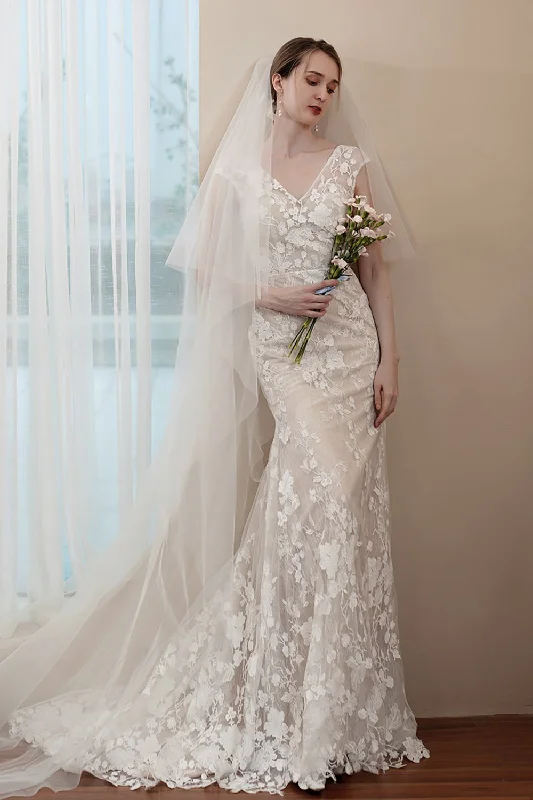 Dark - colored wedding dress for a mysterious brideTrumpet-Mermaid Sweep-Brush Train Lace Wedding Dress CW2971