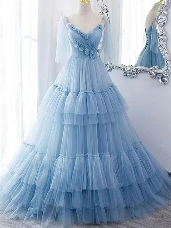 Ruffled - skirt wedding dress for a romantic lookTulle A-line Appliques Wedding Dresses, Elegant Newest Bridal Gowns, Princess Long Prom Dresses