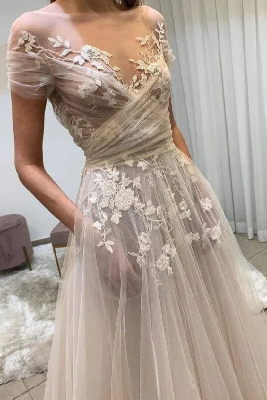 Belted sheath wedding dress for a sleek lookTulle Applique Long Wedding Dresses Prom Dress    cg17020