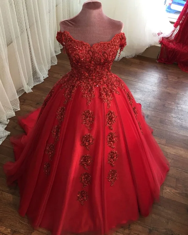 Outdoor - wedding - perfect lightweight wedding dressTulle Off Shoulder Ball Gown Wedding Dress Embroidery Beaded