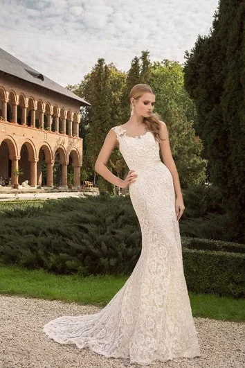 Polka - dot wedding dress for a fun touchV-neck Appliques Sleeveless Low V Back Lace Sheath Dress