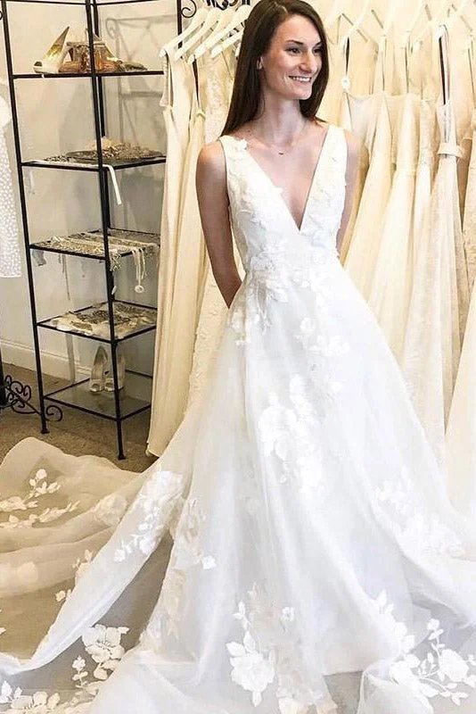 Sweetheart - neckline ball gown wedding dressPrincess Long V-Neck A-line White Wedding Dress with Lace