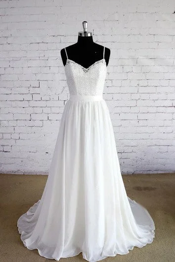 Court train A - line wedding dressV-Neck Lace and Chiffon Dress With Spaghetti Straps