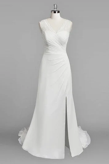 Off - the - shoulder ball gown wedding dressV-Neck Sleeveless Sheath Chiffon Wedding Dress With Ruching and Split Side