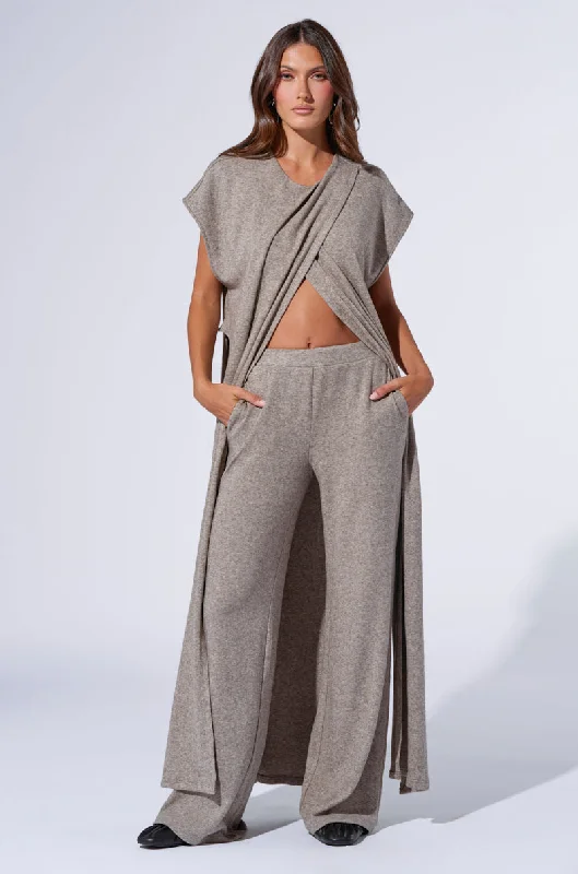 Solid color wide leg pants for women in a minimalist and stylish lookVIBE OUT FLARE LEG KNIT PANT IN GREY