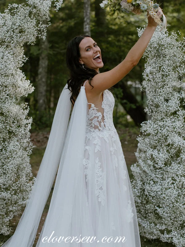 Antique - inspired lace wedding dress with long sleevesVinatge Lace A-line With Convertible Strap Train Country Wedding Dresses, CW0281