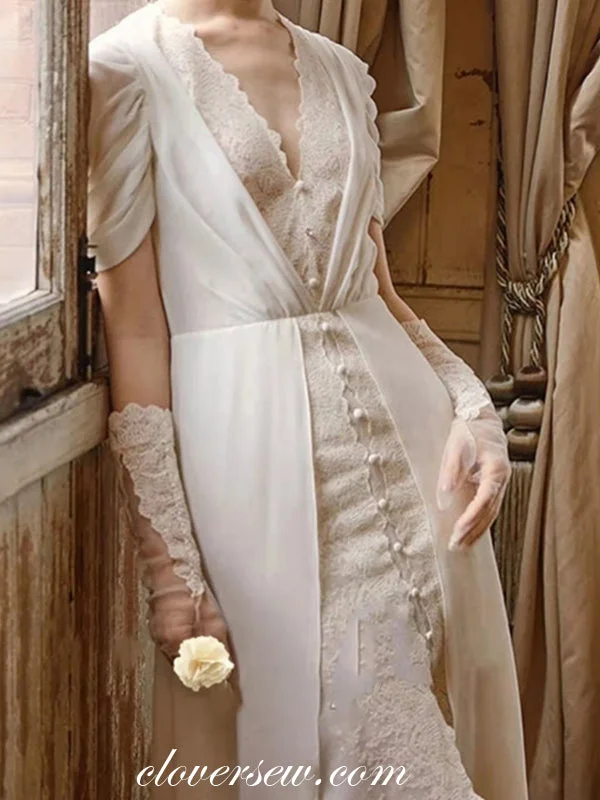 Cape - backed wedding dress for a dramatic entranceWhite Chiffon Vintage Lace With Slit Sheath Wedding Dresses, CW0279 Cape - backed wedding dress for a dramatic entranceWhite Chiffon Vintage Lace With Slit Sheath Wedding Dresses, CW0279