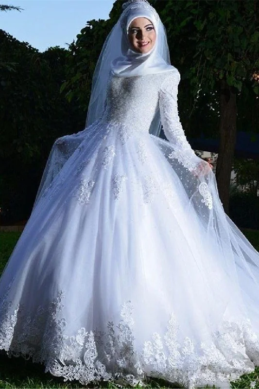 Lace - up back wedding dress for a customizable fitWhite Lace Muslim Wedding Dresses with Long Sleeves