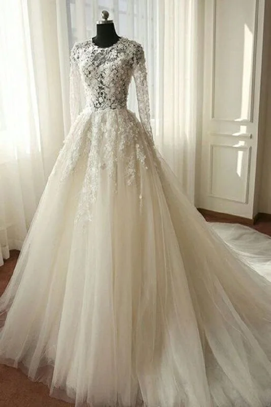 Exquisite hand - beaded wedding dressWhite organza lace long sleeves see-through A-line long dresses,wedding dresses Prom Dresses   cg11748