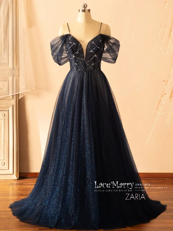 Italian - made luxury wedding dressZARIA / A Line Sparkling Navy Blue Wedding Dress with Deep Plunge Neckline