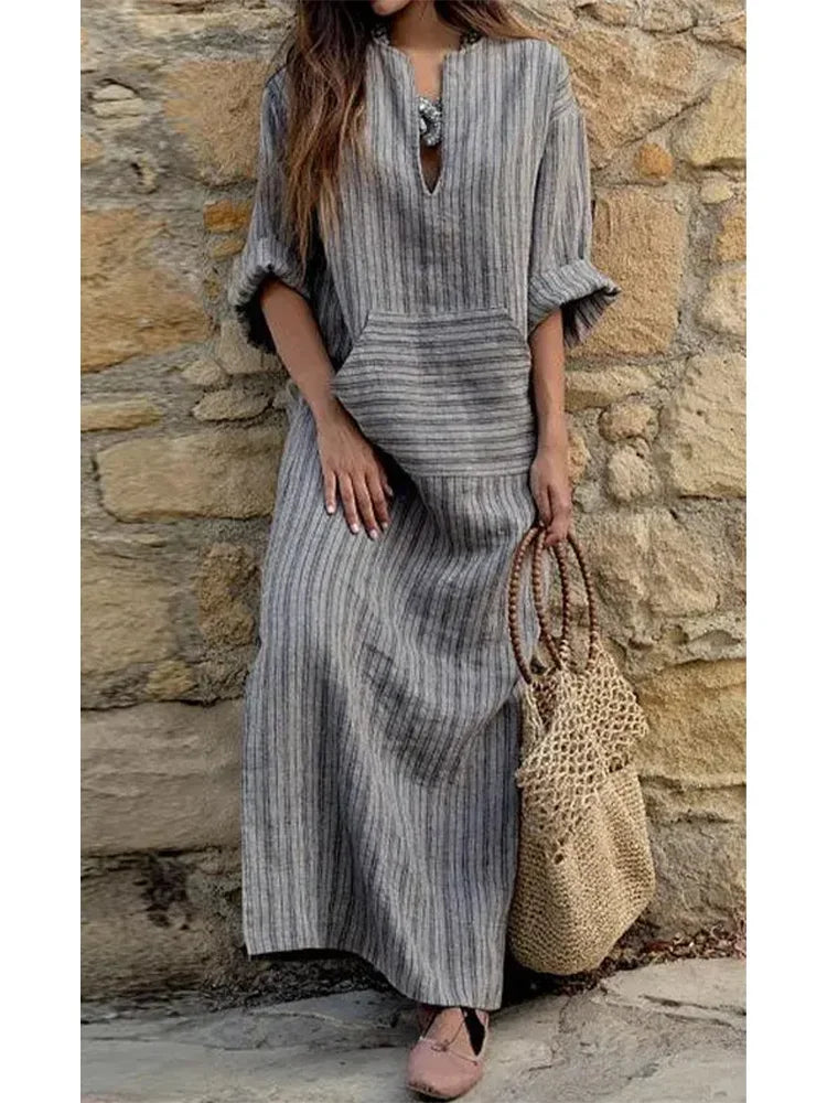 Dresses with Bell Sleeves for Ladies' Playful and Feminine LookAmy Fashion - Summer Striped Cotton Linen Oversize Long Boho Dress Dresses with Bell Sleeves for Ladies' Playful and Feminine LookAmy Fashion - Summer Striped Cotton Linen Oversize Long Boho Dress