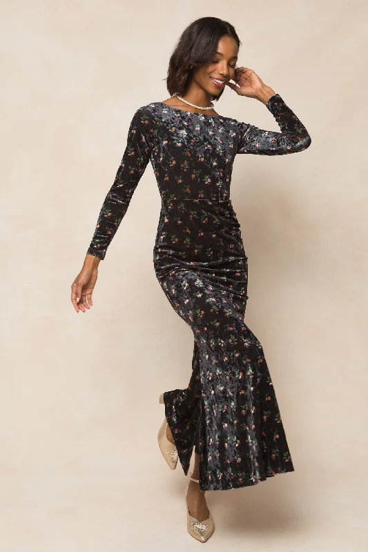 Dresses with Sequined Bodice and Chiffon Overlay for Ladies' Elegant ContrastAri Dress in Velvet Floral Dresses with Sequined Bodice and Chiffon Overlay for Ladies' Elegant ContrastAri Dress in Velvet Floral