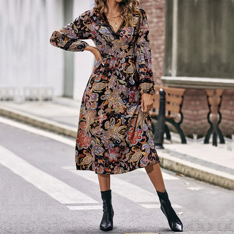 Printed Dresses with Geometric Patterns for Ladies' Modern AestheticAmy Fashion - Autumn Sweet Fresh Bohemian Long Sleeve Floral Boho Dress Printed Dresses with Geometric Patterns for Ladies' Modern AestheticAmy Fashion - Autumn Sweet Fresh Bohemian Long Sleeve Floral Boho Dress