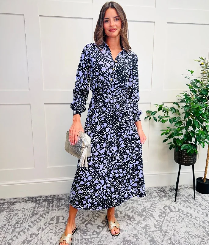 Dresses with Beaded Waistbands and Tiered Skirts for Ladies' Glamorous and Feminine LookBlack Heart Print Midi Shirt Dress Dresses with Beaded Waistbands and Tiered Skirts for Ladies' Glamorous and Feminine LookBlack Heart Print Midi Shirt Dress