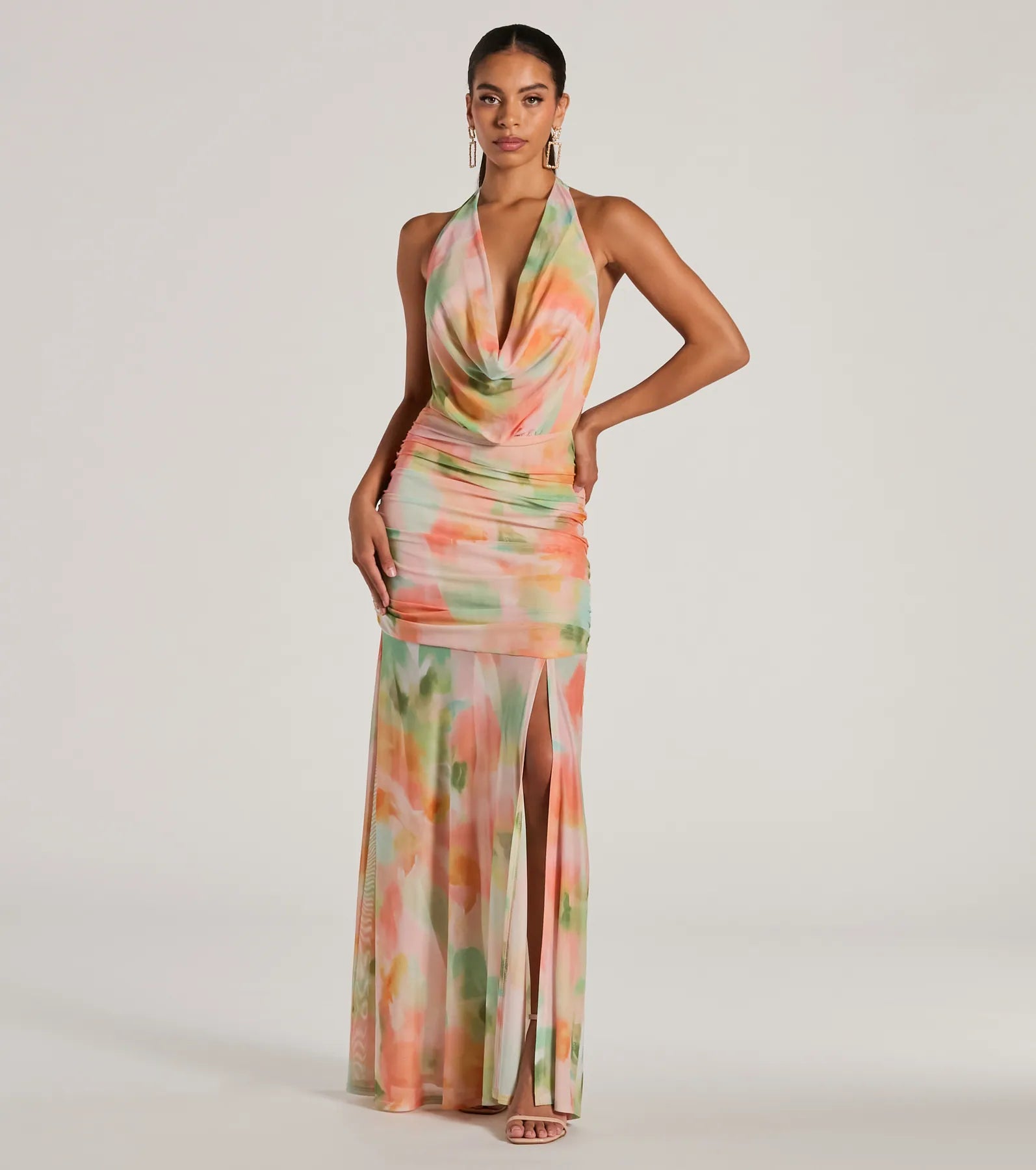 Dresses with Beaded Floral Wreath on the Bodice for Ladies' Delicate and Festive LookBohemain Charm Halter Open Back Tie Dye Maxi Dress