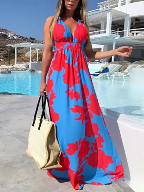 Dresses with Lace Insertions on the Skirt and Beaded Waistband for Ladies' Feminine and Glamorous LookSummer bohemian print V-neck strapless sleeveless dress Dresses with Lace Insertions on the Skirt and Beaded Waistband for Ladies' Feminine and Glamorous LookSummer bohemian print V-neck strapless sleeveless dress