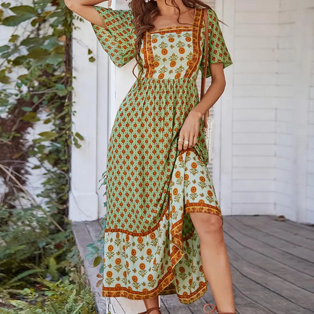 Dresses with Sheer Panels and Beaded Trim for Ladies' Sexy and Polished LookAmy Fashion - Bohemian Floral Print Ruffle Short Sleeve Women Boho Dress Dresses with Sheer Panels and Beaded Trim for Ladies' Sexy and Polished LookAmy Fashion - Bohemian Floral Print Ruffle Short Sleeve Women Boho Dress