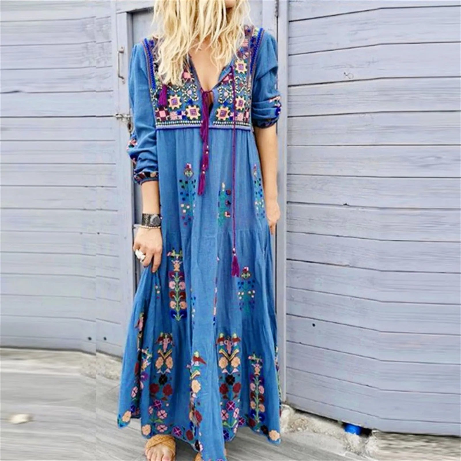 Dresses with Embroidered Tribal Patterns and Satin Sash for Ladies' Cultural and Glamorous LookAmy Fashion - Bohemian Flower Elegant Long Floral V Neck Boho Dress Dresses with Embroidered Tribal Patterns and Satin Sash for Ladies' Cultural and Glamorous LookAmy Fashion - Bohemian Flower Elegant Long Floral V Neck Boho Dress