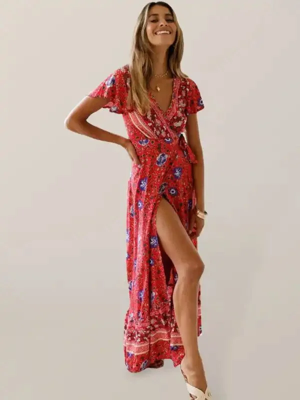 Satin Dresses with Embroidered Bodice for Ladies' Timeless LookBohemian long skirt national style sexy V-neck cardigan tunic print dress Satin Dresses with Embroidered Bodice for Ladies' Timeless LookBohemian long skirt national style sexy V-neck cardigan tunic print dress
