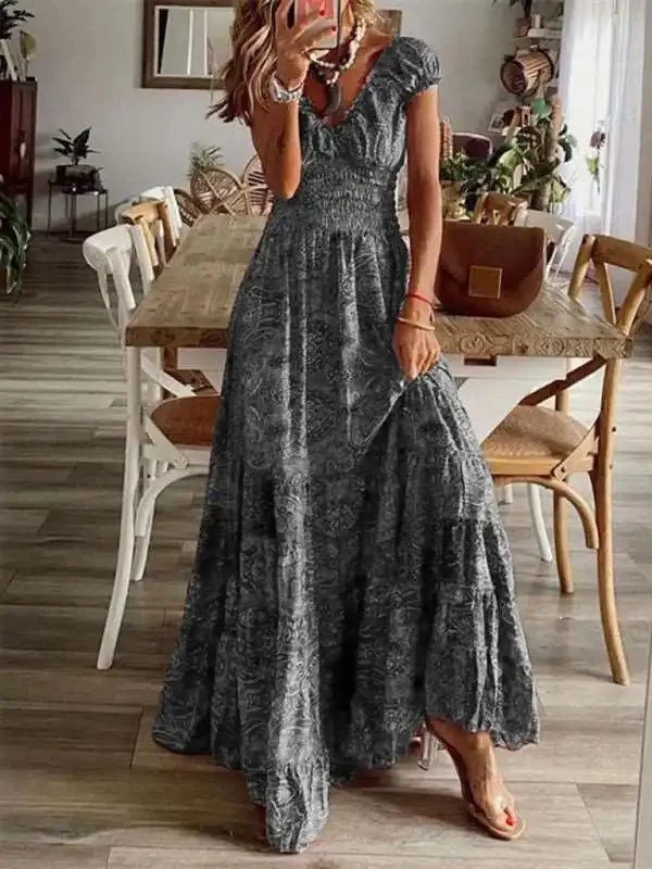 Dresses with Sheer Panels and Beaded Trim and Embroidered Paisley Patterns for Ladies' Sultry and Exotic LookBohemian style new one-piece long dress waist floral print large swing dress Dresses with Sheer Panels and Beaded Trim and Embroidered Paisley Patterns for Ladies' Sultry and Exotic LookBohemian style new one-piece long dress waist floral print large swing dress