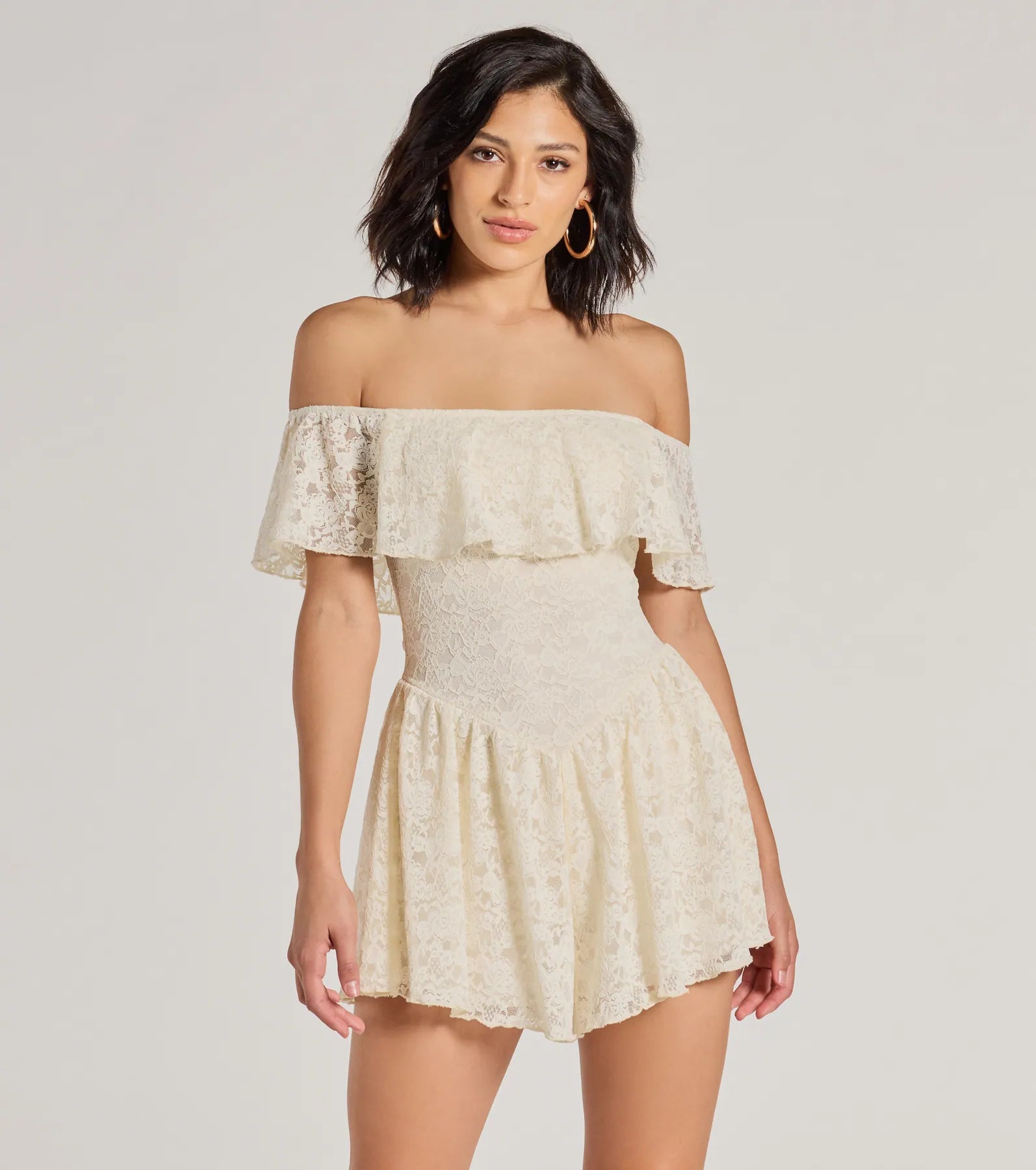 Dresses with Sequined Geometric Shapes for Ladies' Modern and Stylish LookBoho Lace Off-The-Shoulder Drop Waist Romper