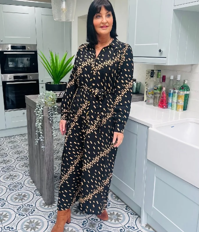 Dresses with Metallic Studs for Ladies' Edgy StyleCamel Printed Midi Shirt Dress