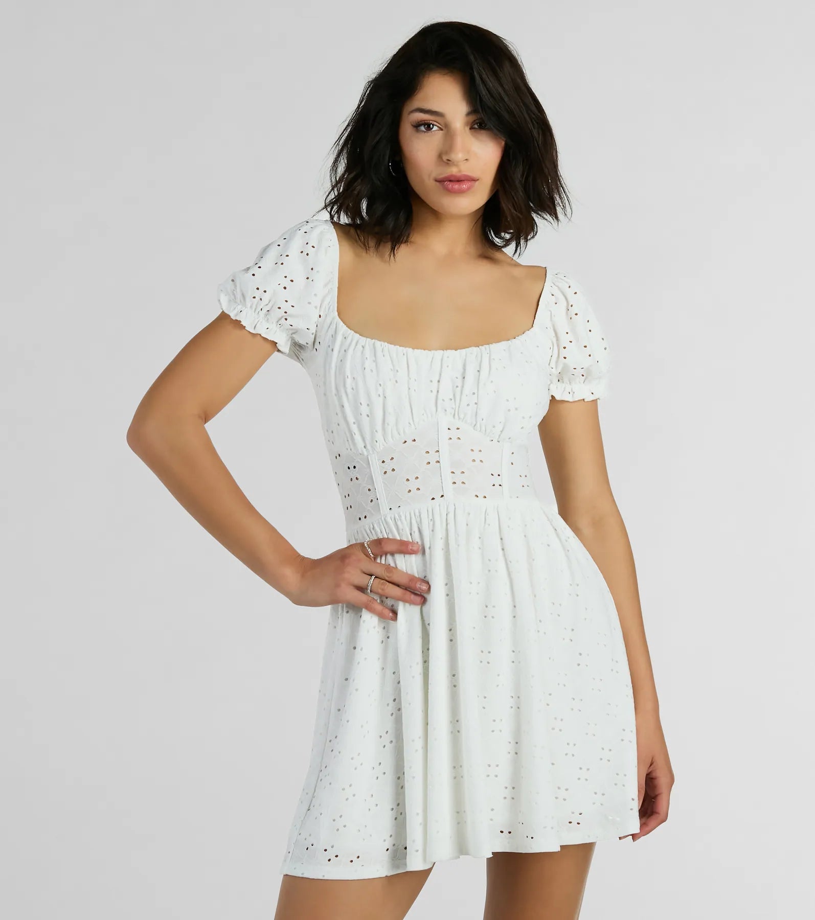 Dresses with Sequined Stripes for Ladies' Bold and Fashionable LookCharming Appeal Puff Sleeve Eyelet Knit Skater Dress