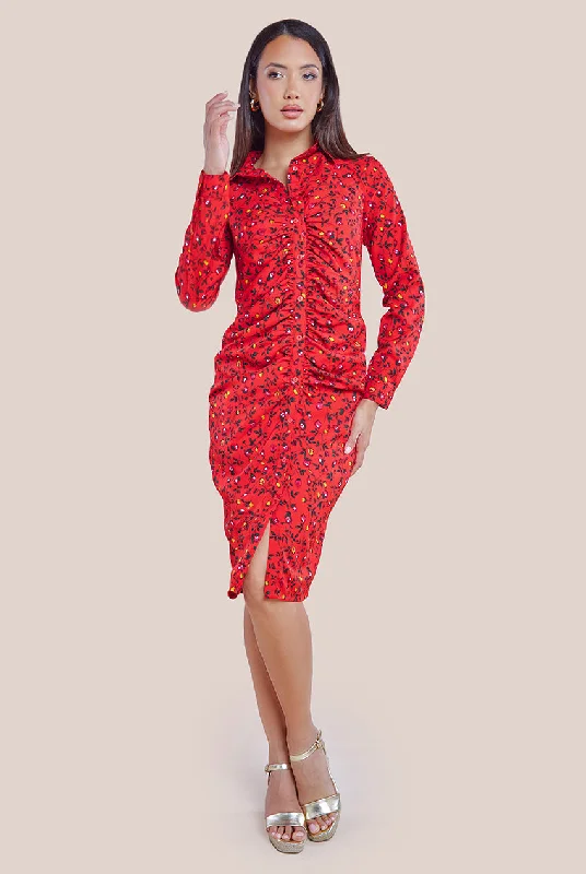 Dresses with Sequined Geometric Shapes for Ladies' Modern and Stylish LookCity Goddess Floral Print Shirt Dress - Red