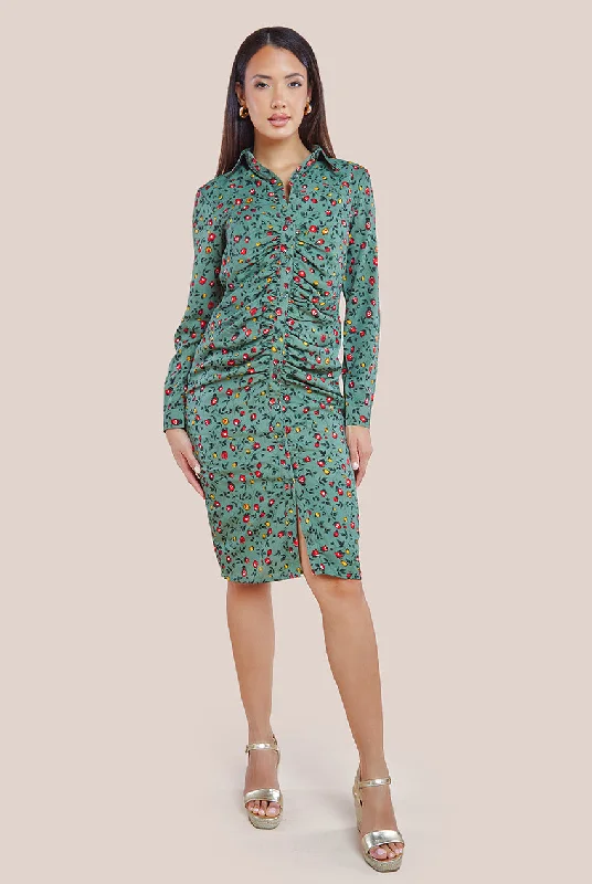 Dresses with High Low Sheer Skirt for Ladies' Dramatic and Fashionable LookCity Goddess Floral Print Shirt Dress - Sage Green