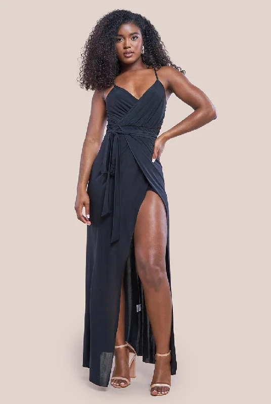 Dresses with Rhinestone Embellishments for Ladies' Luxurious LookCity Goddess Wrap Front Maxi Slip Dress With Waist Tie-Up - Black