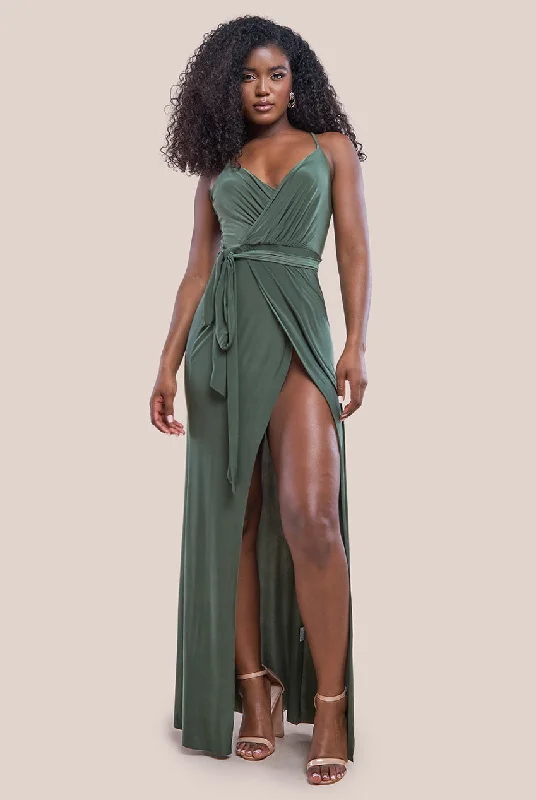 Dresses with Lace and Tulle Combo for Ladies' Dreamy LookCity Goddess Wrap Front Maxi Slip Dress With Waist Tie-Up - Olive Green