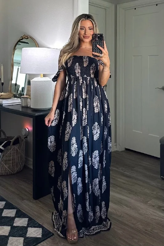 Dresses with Embroidered Stars and Sequined Dots and Sheer Sleeve for Ladies' Celestial and Elegant LookSand in Your Toes Smocked Maxi Dress: Navy Multi