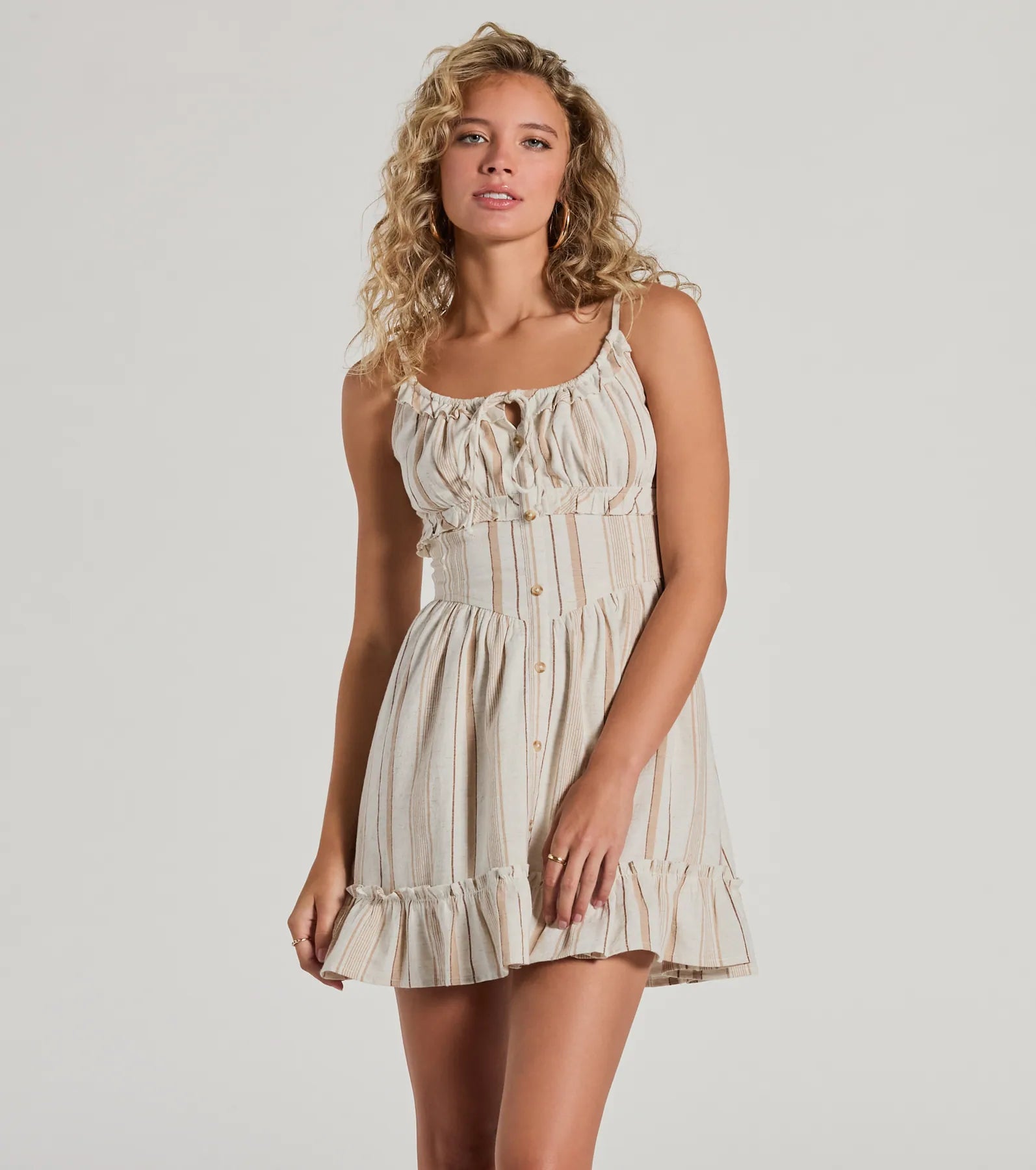 Dresses with Sheer Sleeve and Sequined Cuffs and Bow at the Waist for Ladies' Elegant and Sweet LookCute Style Button Ruffled Striped Linen Skater Dress