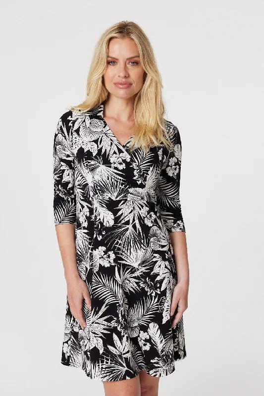 Dresses with Ruffled Sleeves and High Neck for Ladies' Dramatic and Elegant LookLeaf Print Wrap Front Shirt Dress