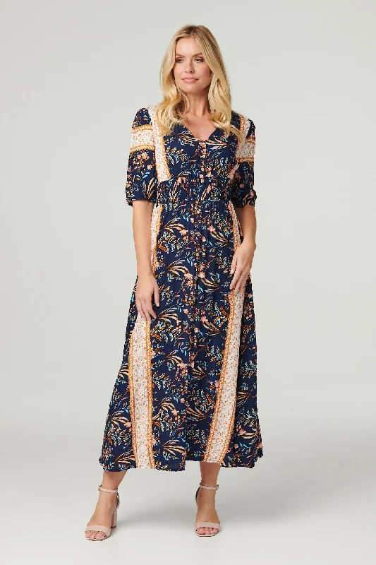 Dresses with Beaded Waistbands and Tiered Skirts for Ladies' Glamorous and Feminine LookPrinted 1/2 Sleeve Maxi Dress