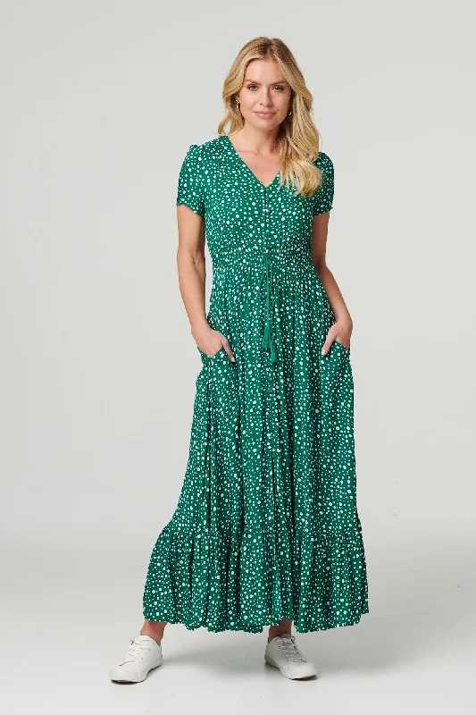 Dresses with Beaded Floral Wreath on the Bodice for Ladies' Delicate and Festive LookPolka Dot Drawstring Maxi Dress